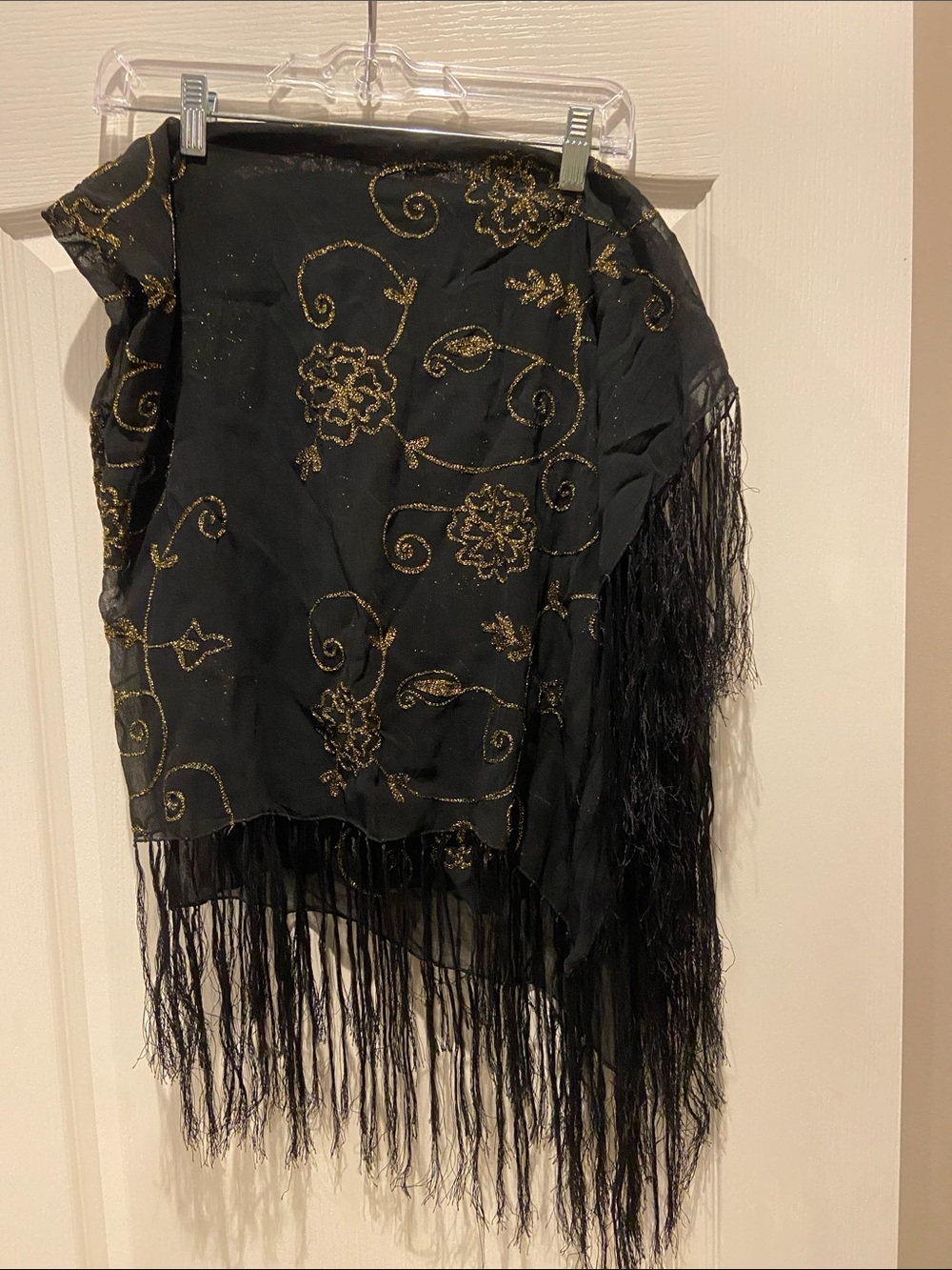 Black & Gold Floral Fringe Wrap Scarf